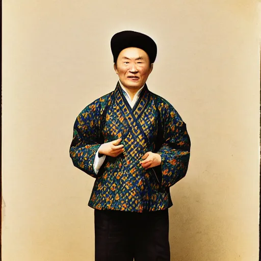 Prompt: realistic contamporary art photography by araki nobuyoshi of wearing traditional ukrainian shirt designed by taras shevchenko. smiling kim chen in