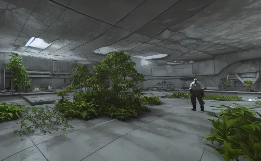 Image similar to in-game screenshot of hazmat scientists on unreal engine 5, in a liminal underground garden, photorealistic, retrofuturism, brutalism, staggered terraces, minimalist, soft vintage glow