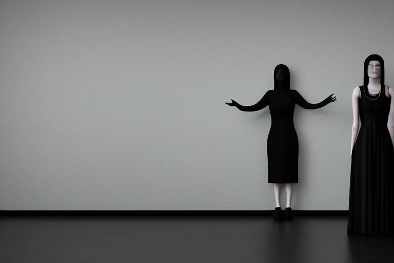 Image similar to a creepy woman wearing all black, standing in a dark, eerie room, melancholic, dreary, sinister, 3D render,