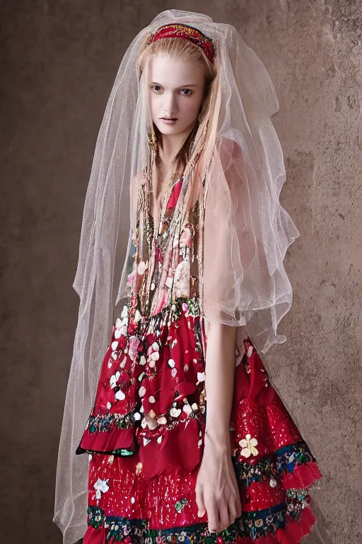 Image similar to hungarian folk costume made by valentino resort ss 2 0 1 6, sheer layered floral dress, chain jewelry, coin veil, cute young model portrait