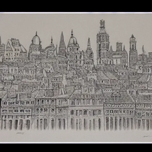 Image similar to a beautiful detailed inked drawing of a Victorian cityscape by Wed Anderson, muted colors
