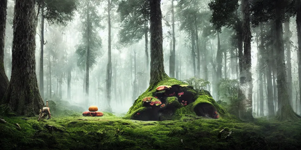 Image similar to Photo by Filip Hodas of the cinematic view of the Forest of the Giants, a troll is eating a giant mushroom, photorealism, photo taken with canon 5D