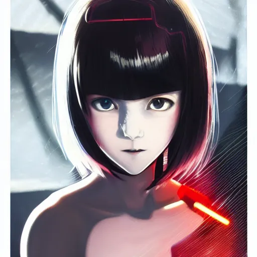 Image similar to A cyborg girl with big and cute red eyes, fine-face, realistic shaded perfect face, fine details. red, black and white robotic parts. Very very anime. Realistic shaded lighting poster by Ilya Kuvshinov katsuhiro otomo ghost-in-the-shell, magali villeneuve, artgerm, Jeremy Lipkin and Michael Garmash, Rob Rey and Kentarõ Miura style, trending on art station