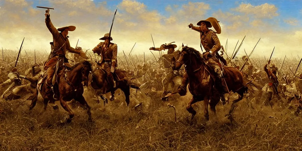 Image similar to the Texas revolution, battle scene, cinematic, epic, amazing, wow, beautiful painting, by Ted Nasmith