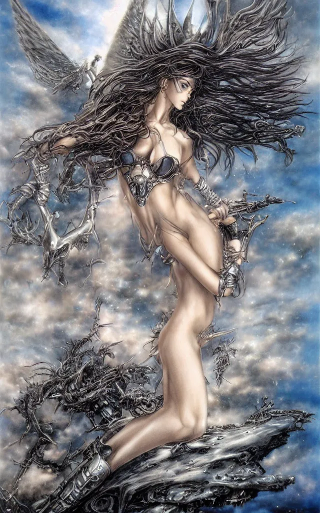 Image similar to sky heavy metal airbrush fantasy 80s by luis royo, masterpiece