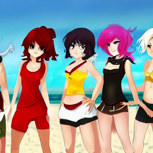 Prompt: Team RWBY at the beach, in the style of RWBY, sunny day,