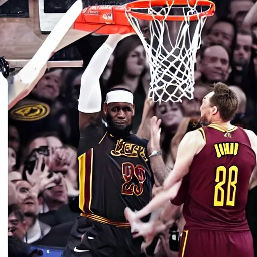 Prompt: lebron james dunking on elon musk, detailed, award winning, cinematic