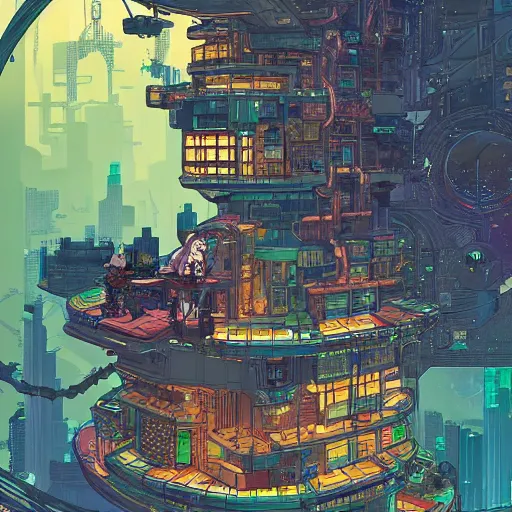 Image similar to cyberpunk explorer playing video games in his treehouse, highly detailed, 4k, midnight, by Victo Ngai and James Gilleard , Moebius, Laurie Greasley