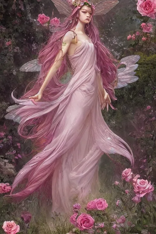 Prompt: a pink beautiful fairy with large butterfly wings and flowing hair and beautiful face and long flowing dress is exploring her rose garden, art by greg rutkowski, extremely high detail and compexity, very intricate, full body portrait, soft lighting