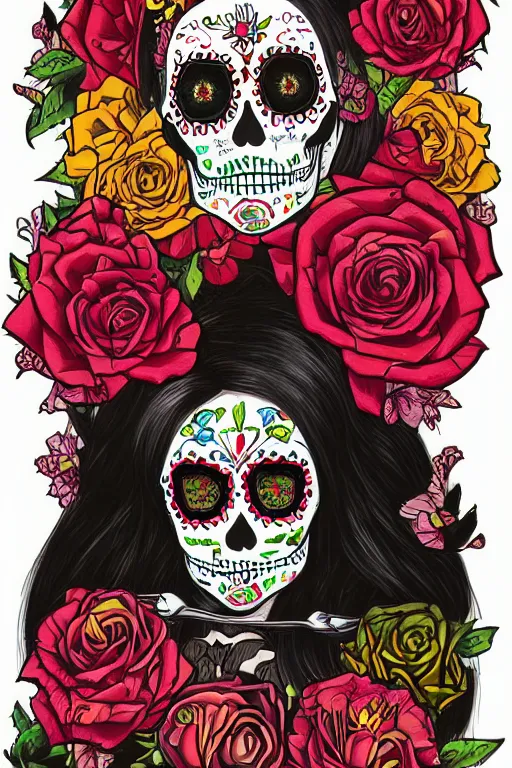 Image similar to illustration of a sugar skull day of the dead girl, art by lixin yin