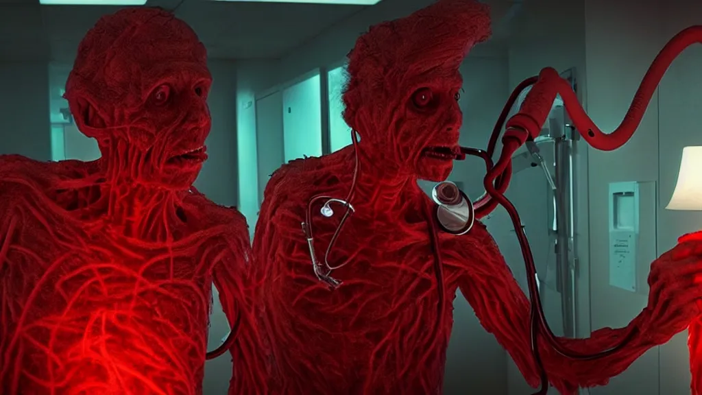 Prompt: the creature at the doctor's office, made of glowing wax and blood, they look use a stethoscope, film still from the movie directed by denis villeneuve and david cronenberg with art direction by salvador dali, wide lens