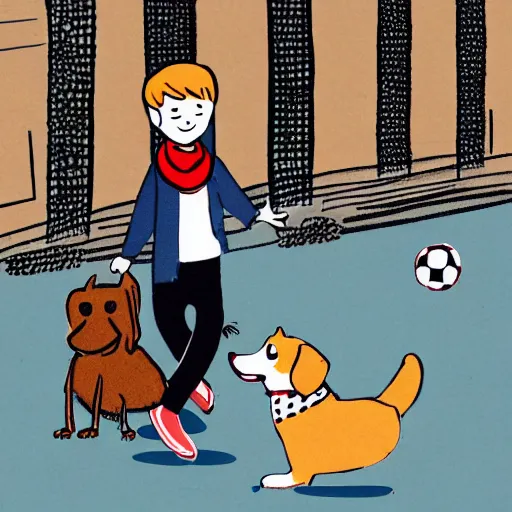 Image similar to illustration of boy playing football with his dog on the streets of paris, his dog dog is a corgi that wears a polkadot scarf