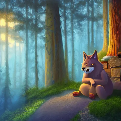 Image similar to a cartoonish big wolf is inside the chimney of a house in a mystical forest full of wonders, warm lighting, magical atmosphere, trending on artstation, 30mm, by Evgeny Lushpin trending on ArtStation, deviantart, high detail, stylized portrait