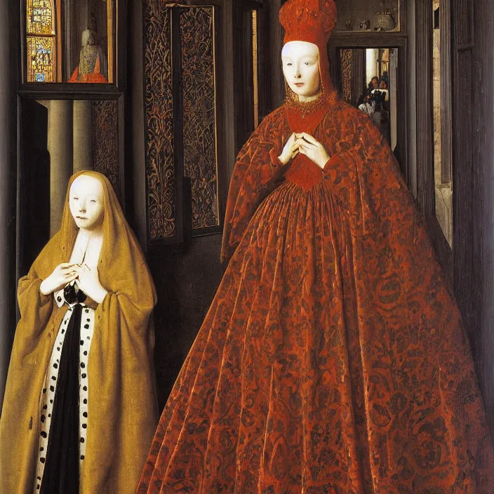 Prompt: a beautiful woman in a hall of mirrors, by Jan van Eyck