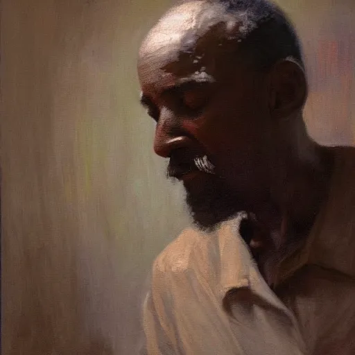 Prompt: a painting of a thinker no facial hair, thoughtful, focused, visionary, calm, jovial, loving, fatherly, generous, elegant well fed elder with few eyebrows and his on from Kenya by Henry Ossawa Tanner . dramatic angle, ethereal lights, details, smooth, sharp focus, illustration, realistic, cinematic, artstation, award winning, rgb , unreal engine, octane render, cinematic light, macro, depth of field, blur, red light and clouds from the back, highly detailed epic cinematic concept art CG render made in Maya, Blender and Photoshop, octane render, excellent composition, dynamic dramatic cinematic lighting, aesthetic, very inspirational, arthouse.