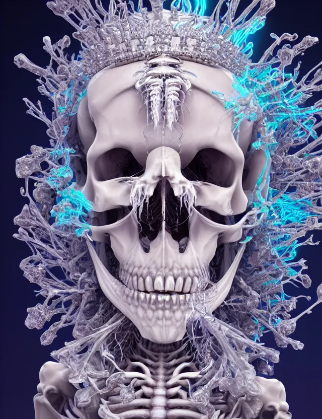 Image similar to 3 d goddess skeleton macro close - up portrait with crown made of ram skull. betta fish, jellyfish phoenix, bioluminiscent fire, plasma, ice, water, wind, creature, super intricate ornaments artwork by tooth wu and wlop and beeple and greg rutkowski