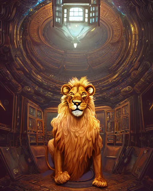 Image similar to anthropomorphic art of a timelord lion inside tardis, victorian inspired clothing by artgerm, victo ngai, ryohei hase, artstation. fractal papersand books. highly detailed digital painting, smooth, global illumination, fantasy art by greg rutkowsky, karl spitzweg, doctor who