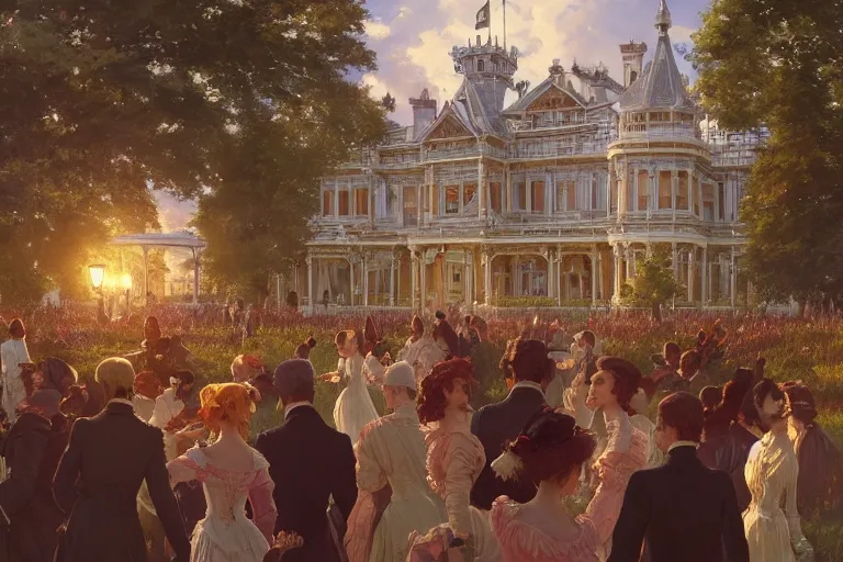 Image similar to an ornate victorian palace, party in front, scene in an open field. 1 8 9 0, key visual, conceptart, ambient lighting, highly detailed, digital painting, artstation, concept art, sharp focus, by makoto shinkai and akihiko yoshida and greg manchess