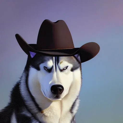 Prompt: a portrait painting of a husky in cowboy costume, wearing a cowboy hat, by [ studio ghibli ], trending on artstation