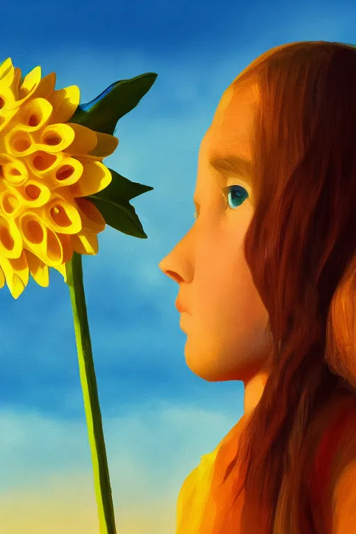 Image similar to closeup girl with huge yellow dahlia flower face, on the beach, surreal photography, blue sky, sunrise, dramatic light, impressionist painting, digital painting, artstation, simon stalenhag