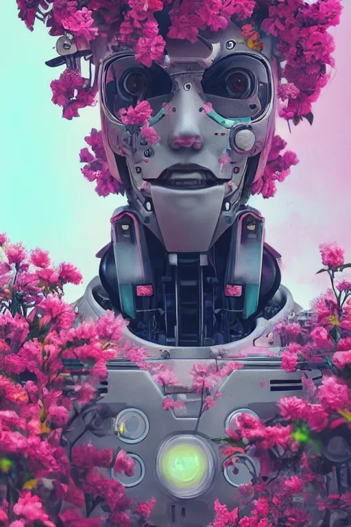 Prompt: a digital painting of a robot with flowers, closeup cyberpunk portrait by Filip Hodas, cgsociety, panfuturism, made of flowers, dystopian art, vaporwave