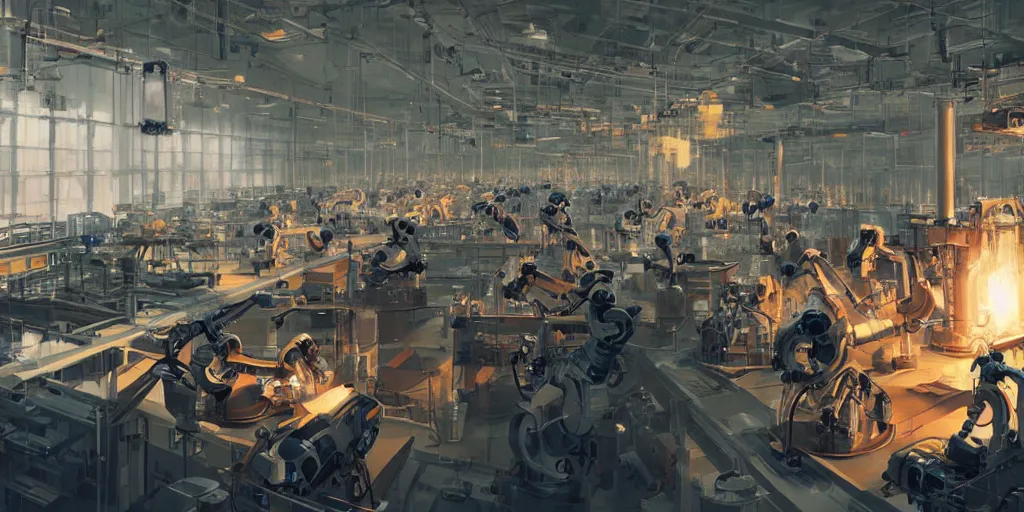 Prompt: high - tech factory assembling robots with robotic arms at work, digital art, 8 k, by greg rutkowski