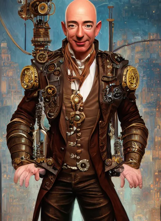 Prompt: steampunk jeff bezos is a muscular bodybuilder, au naturel, hyper detailed, digital art, trending in artstation, cinematic lighting, studio quality, smooth render, unreal engine 5 rendered, octane rendered, art style by klimt and nixeu and ian sprigger and wlop and krenz cushart.