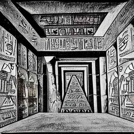 Image similar to a drawing of an oil rig inside an ancient egyptian pyramide,