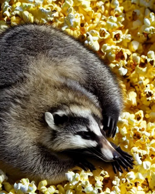 Prompt: an obese raccoon lays on it's back while watching tv from a green leather recliner, the raccoon is lazily eating from a pile of popcorn on it's belly