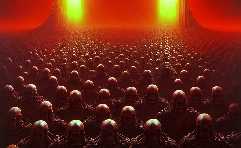 Image similar to cyborg army invading hell by hr giger and zdzisław beksinski, fine details, digital art, volumetric lighting, cinematic light, photorealistic