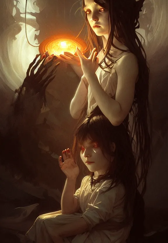 Image similar to child possessed by a demon, excorcist, fantasy magic, dark light night, intricate, elegant, sharp focus, illustration, highly detailed, digital painting, concept art, matte, art by wlop and artgerm and greg rutkowski and alphonse mucha, masterpiece