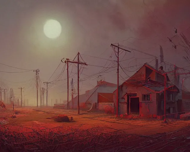 Prompt: painting of apocalyptic soviet village, by simon stalenhag, zdzisław beksinski, cory loftis, rim light, exquisite lighting, clear focus, very coherent, plain background, soft painting