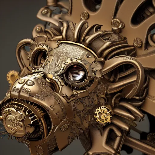 Image similar to A steampunk ornate lion made of engraved full plate armor and gears, Macro shot by Justin Gerard, unreal engine, physically based rendering