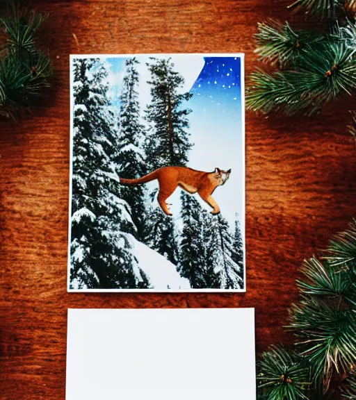 Prompt: torn up postcard showing 'a cougar sleeping in the middle of snowy pine tree' laying on coffee table, zoomed out shot, HD, iphone capture