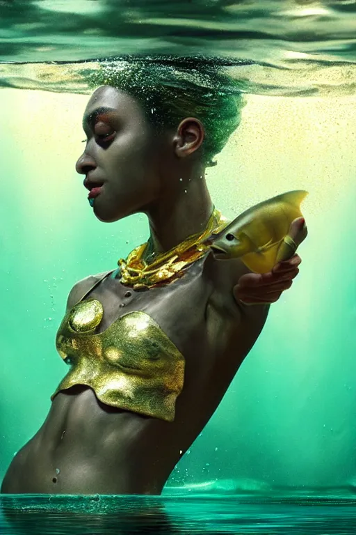 Prompt: hyperrealistic metamodern cinematic half underwater scene with fish and algae, very expressive! translucent elegant african goddess getting out of water, gold jewerly, highly detailed face, digital art masterpiece, aykut aydogdu zener, dramatic volumetric light, long shot, low angle uhd 8 k, sharp focus