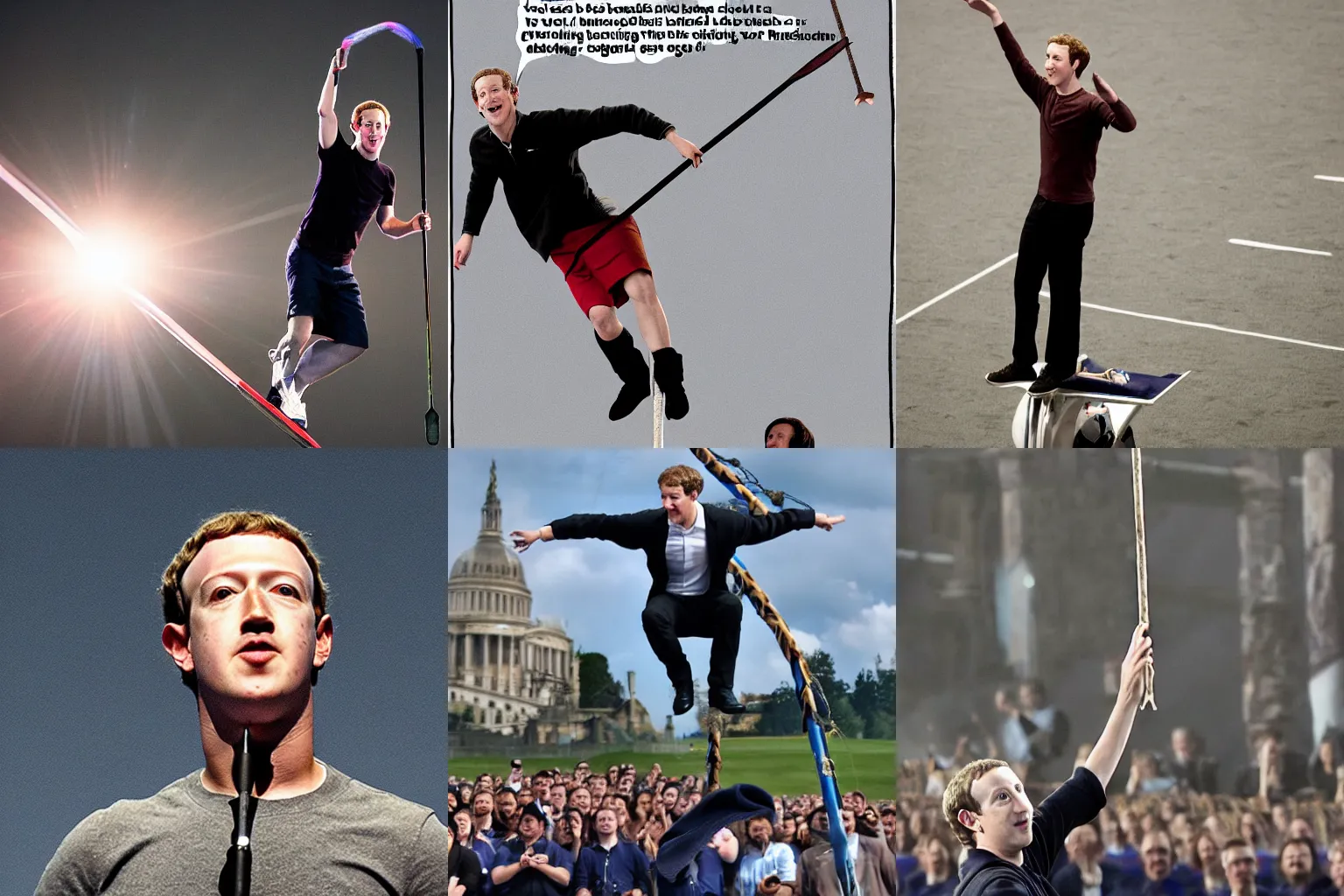Prompt: Mark Zuckerberg sitting on a flying broomstick several feet in the air, playing Quidditch