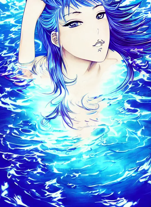 Image similar to a woman with blue hair sitting underwater, a beautiful anime drawing by yuumei, featured on pixiv, pixiv, seapunk, very anime anime!! detailed