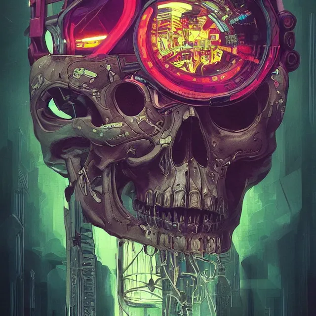 Image similar to a beautiful painting of a ( ( cyberpunk ) ) skull by simon stalenhag and pascal blanche and alphonse mucha! and nekro!. in style of digital art. colorful comic, film noir, symmetry, hyper detailed. octane render. trending on artstation