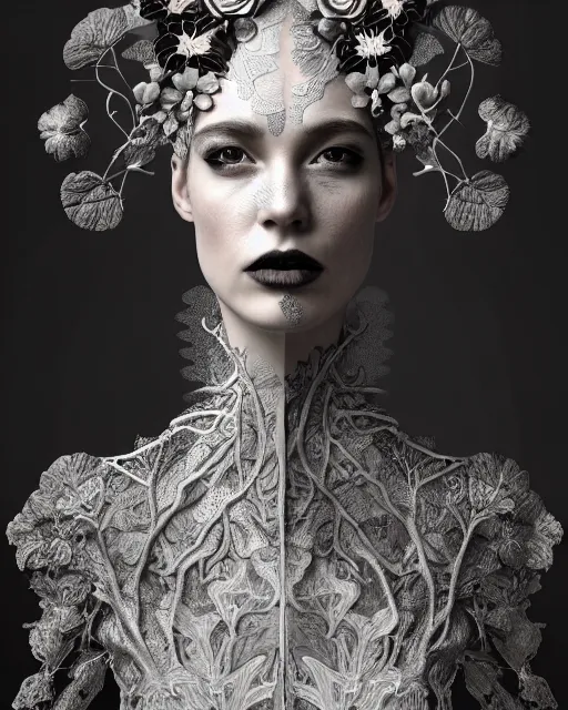 Image similar to monochrome profile portrait painting, dutch masters, silver lace floral steampunk biomechanical beautiful young female cyborg with one techno eye, volumetric light, leaves foliage and stems, hibiscus flowers, sinuous fine roots, fine foliage lace, alexander mcqueen, rim light, big gothic fashion floral pearl embroidered collar, 8 k