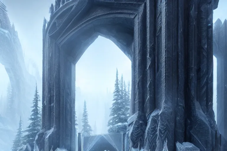 Image similar to a very detailed concept art of epic gates to frost, trending on artstation, symmetry, digital art, 4 k, hyper realistic, octane render, sharp focus