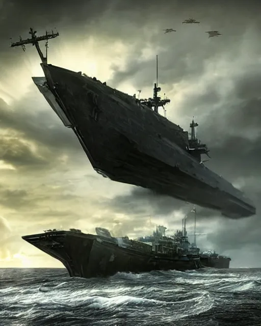 Image similar to a fishing boat on stormy seas, a gigantic star destroyer spaceship with glowing green lights flying overhead, ready to fire, the gigantic star destroyer spaceship is emerging from storm clouds, sunset lighting, stormy weather, dramatic lighting, unreal engine, hyper realism, realistic shading, cinematic composition, realistic render, octane render, detailed textures, photorealistic, ultrawide shot, 1 6 mm lens