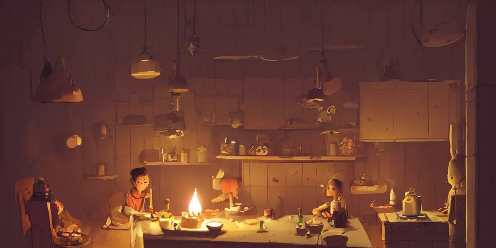Prompt: epic illustration of a wooden kitchen dim lit by 1 candle doubly so by Goro Fujita and Simon Stalenhag and Peter chan , 8k, trending on artstation, hyper detailed, cinematic
