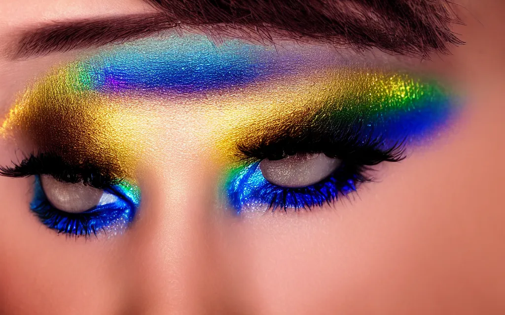 Image similar to closeup goldenhour photo of a pair of beautiful blue eyes of a woman with rainbow eyeshadow and ornate gold eyelashes, with rainbow light caustics