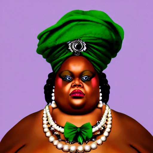 Prompt: A Concept art foreshortening portrait of the chubby Voodoo Lady from Monkey Island videogame | with a green turban | with a Red dress | Pearls necklace | Siting in her big Voodoo throne | Fat black woman | Detailed Voodoo Throne. cinematic lighting, highly detailed, realistic details, rendered in Octane, cgsociety, 4k post-processing highly detailed, realistic face, trending on artstation, by craig mullins. Steve Purcell. H 1280