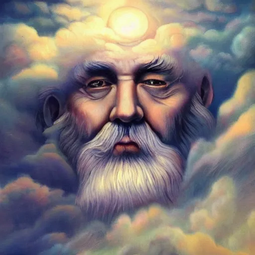 Prompt: swirling clouds in a stormy sky forming the shape of the face of a wise but stern old man. Beautiful, dreamy fantasy oil painting