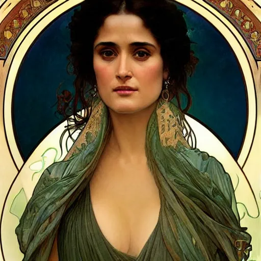 Image similar to detailed portrait art nouveau painting of salma hayek, by Alphonse Mucha, Michael Whelan, William Adolphe Bouguereau, John Williams Waterhouse,and Donato Giancola