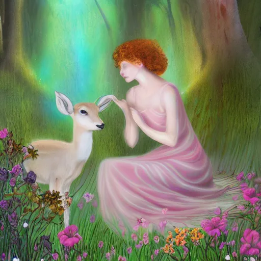 Prompt: fairy hugging a doe in an ethereal glen surreal glowing pastel floral colors elegant detailed million flowers