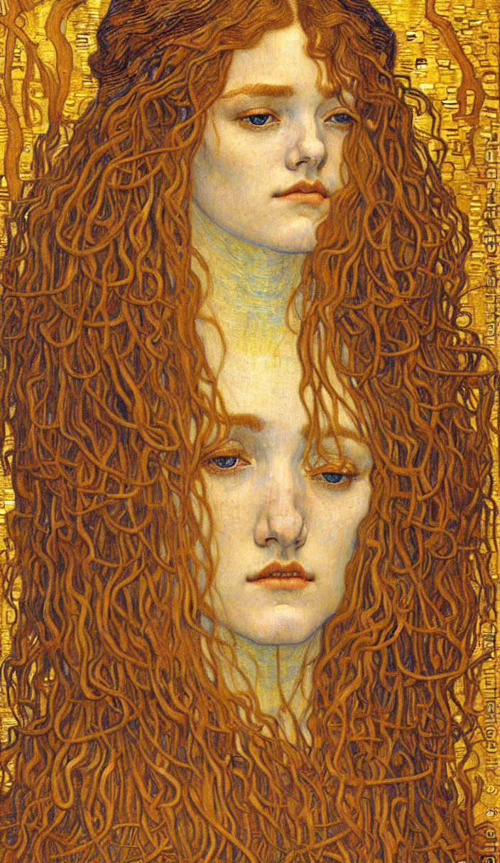 Image similar to detailed realistic beautiful young medieval queen face portrait by jean delville, gustav klimt and vincent van gogh, art nouveau, symbolist, visionary, gothic, pre - raphaelite, muted earthy colors, desaturated