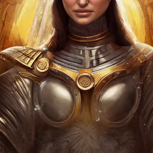 Image similar to Natalie Portman as ancient greek woman in golden helmet, giant grey-haired bearded George Clooney head in the sky, epic fantasy style art, fantasy epic digital art