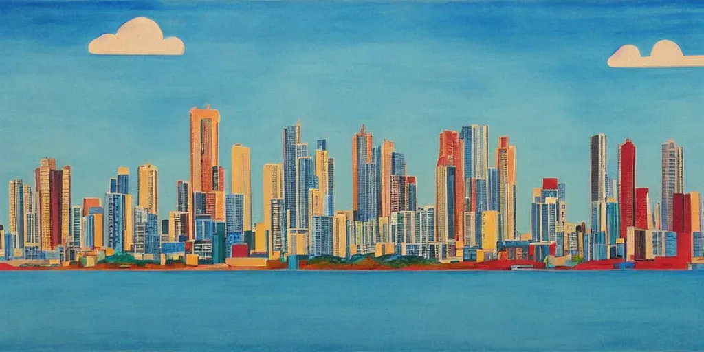 Prompt: panama city skyline by mainie jellett, matte colors, day, sky